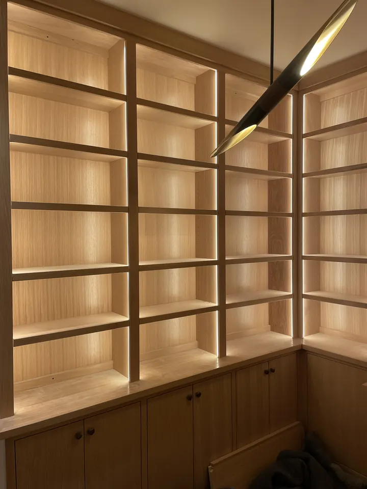 Built-in wood shelving with lighting in every shelf