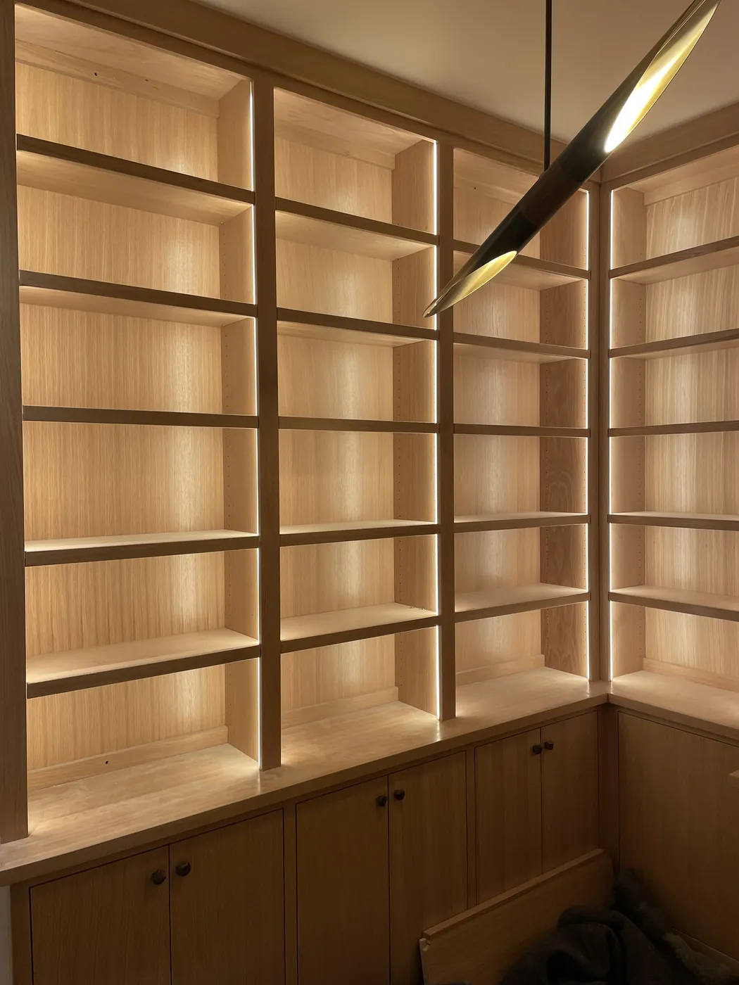 Built-in wood shelving with lighting in every shelf