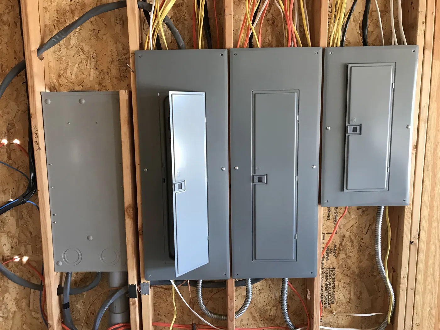 Three electrical panels mounted between the studs of a framed wall