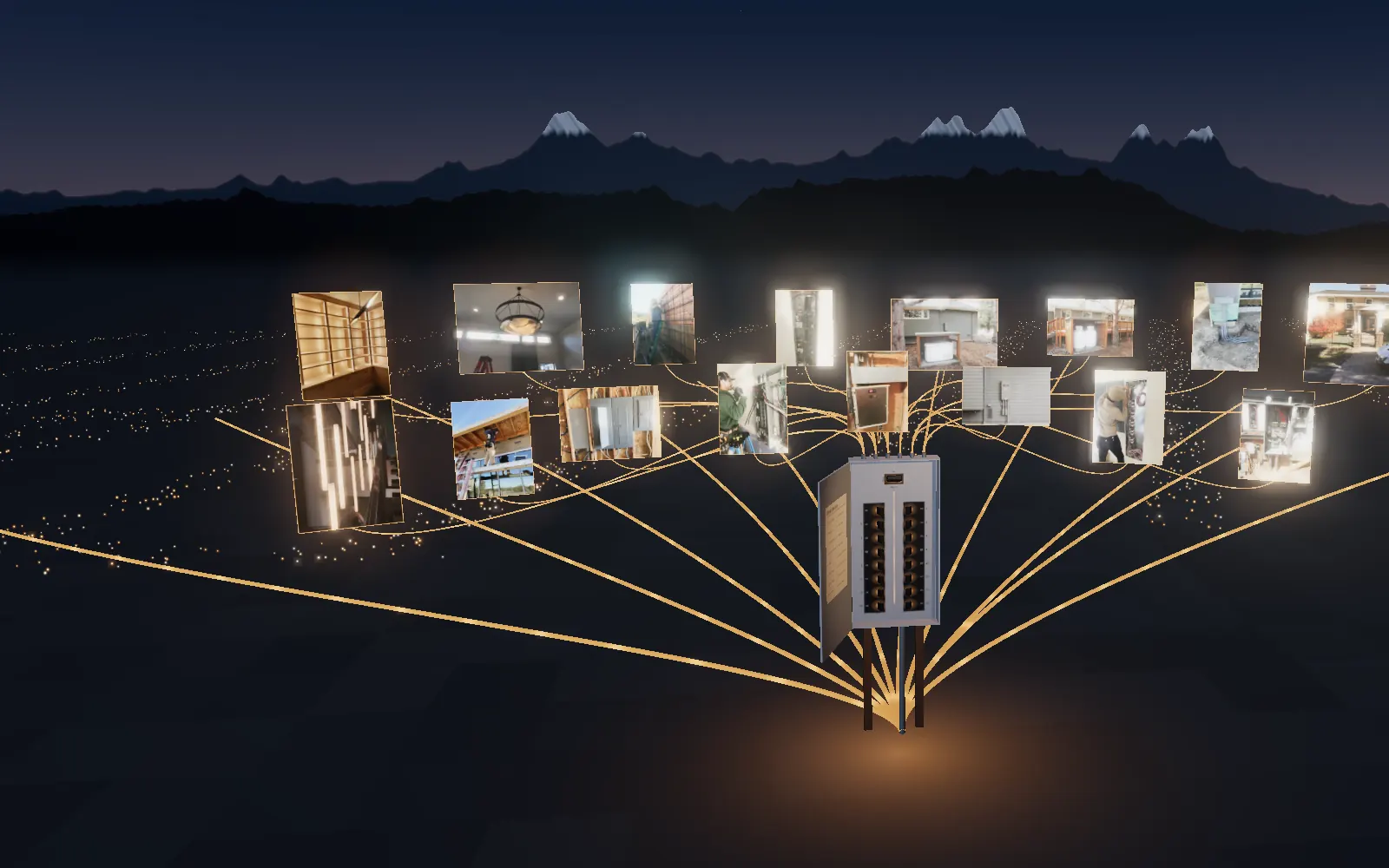The All Phase panel with every breaker on, its conductors lighting the valley below the Three Sisters at night, the team's job photographs lit around it